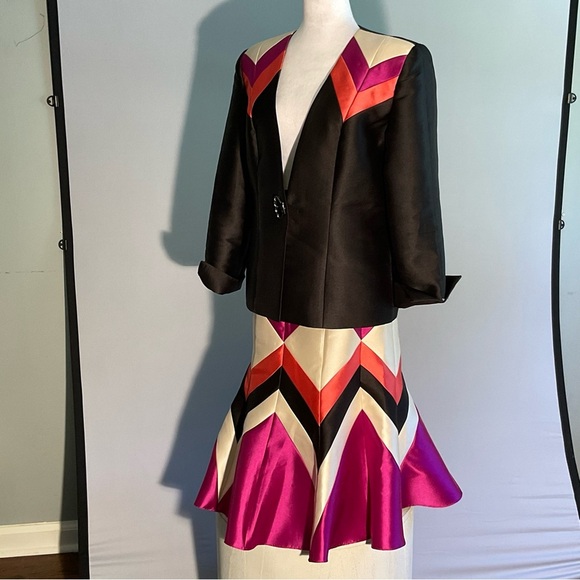 Serafina Sz 14 2 Piece Satin Suit Striking Colorful Zigzag Pattern Flared Skirt - Picture 16 of 16